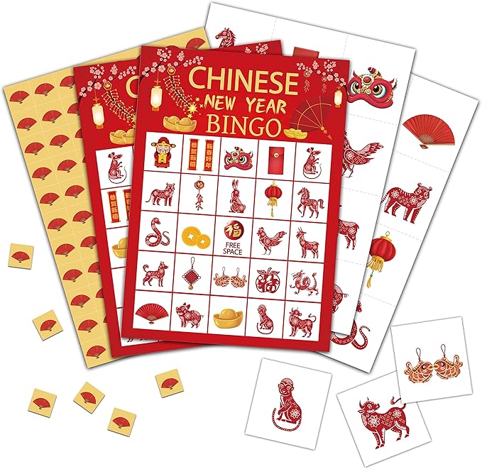 Chinese New Year Bingo Cards, Chinese New Year Game for 24 Players, Spring Festival Games for Family Friends New Year Activities, Holiday Party Favors Supplies Decorations(10)