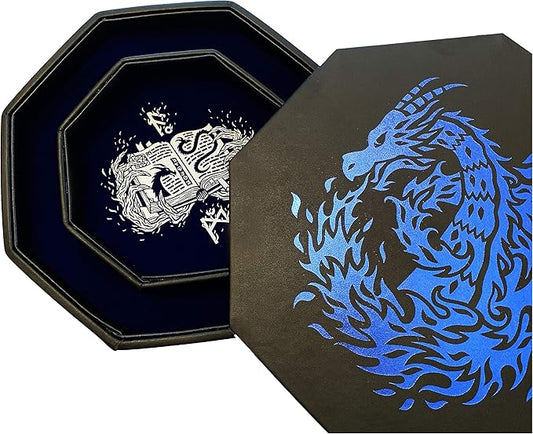 Blue Dragon Dice Tray with Spell Book Print – 9" Octagon with Lid and Dice Staging Area, Holds 5 Dice Sets – Perfect for D&D, Call of Cthulhu, Shadowrun, and All Tabletop RPGs