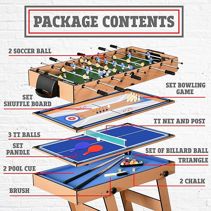 SereneLife 5in1 Folding Multi Game Table, 40" Full Size Combo Sports Arcade Game with Foosball Soccer, Ping Pong, Pool Billiards, Bowling & Shuffleboard Set, Wood Construction for Play Rec Room