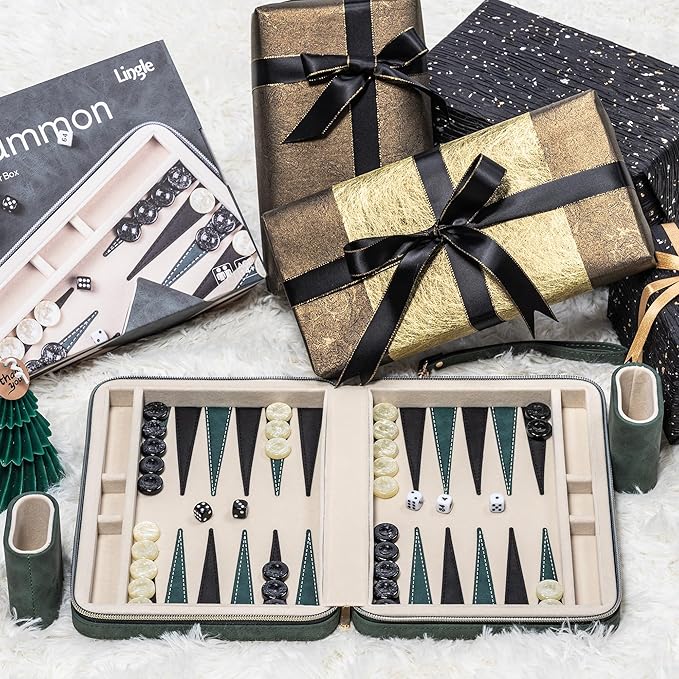 Backgammon Sets for Adults, Classic Board Game with Folding Leather Backgammon Case, Portable Travel Backgammon Game Set (Green)
