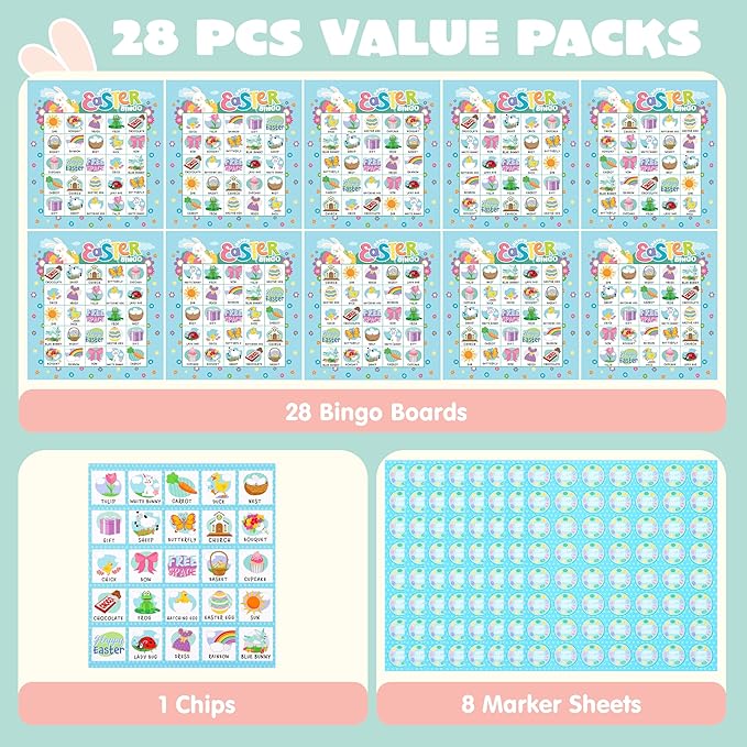 JOYIN 28 Players Easter Bingo Card (5x5) with Blue Color for Kids, Boys, Girls and Adults, Easter Games, School Classroom Activities and Easter Basket Stuffers