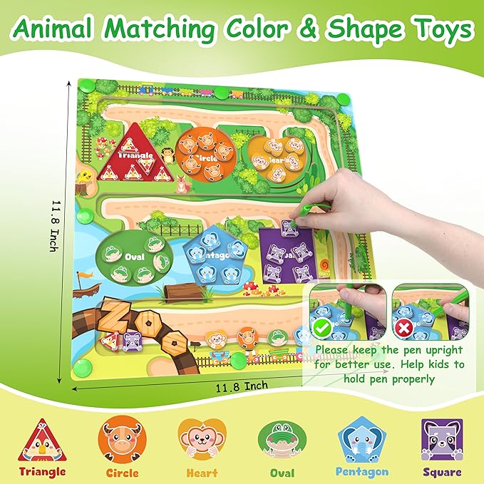 Magnetic Toys for Toddlers, Montessori Wooden Maze Puzzle Board - Fine Motor Skills Learning Toys for 3 4 5 Year Old, Color & Shape Matching Game, Sensory Educational Gift for Boys Girls