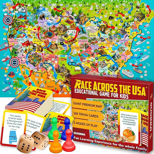 QUOKKA Board Game 1 to 10 Players - Learning, Educational - Geography, United States - 120 Question Cards, Top Facts - Indoor, Outdoor - Kids, Teens, Adults, Family