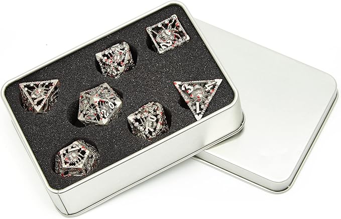 Hollow Bloodstain Multi-Eyed Monster Metal DND Game Dice 7Pcs Set for Dungeons and Dragons RPG MTG Table Games D&D Pathfinder Shadowrun and Math Teaching(with Metal case)