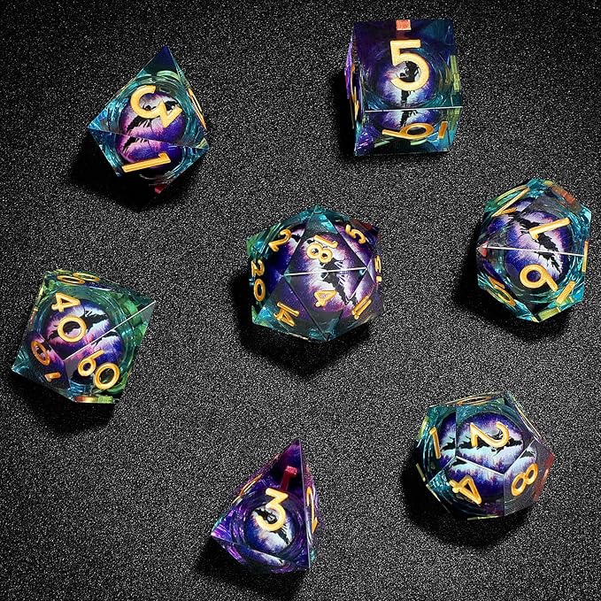 Handmade Resin Dragon Eye DND Dice Set Liquid Core Sharp Edges 7 Pieces with Gift Box for RPG Roleplaying Unique Craftsmanship (Purple-Gold)
