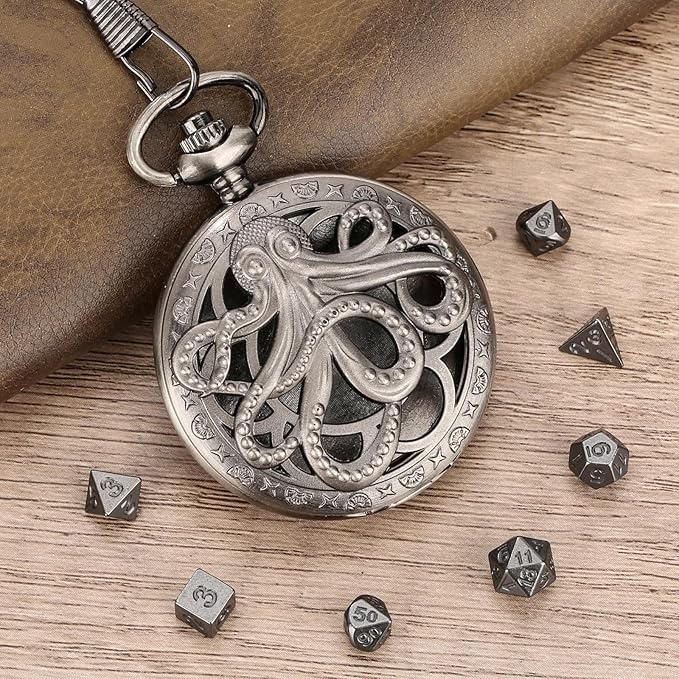 Mini DND Dice Set Steampunk Hollow Octopus Pocket Watch Shell Case, 7pcs Polyhedral Metal D&D Dice Set, DND Gifts with Gift Box, Role Playing Board Games Accessories Dark Silver