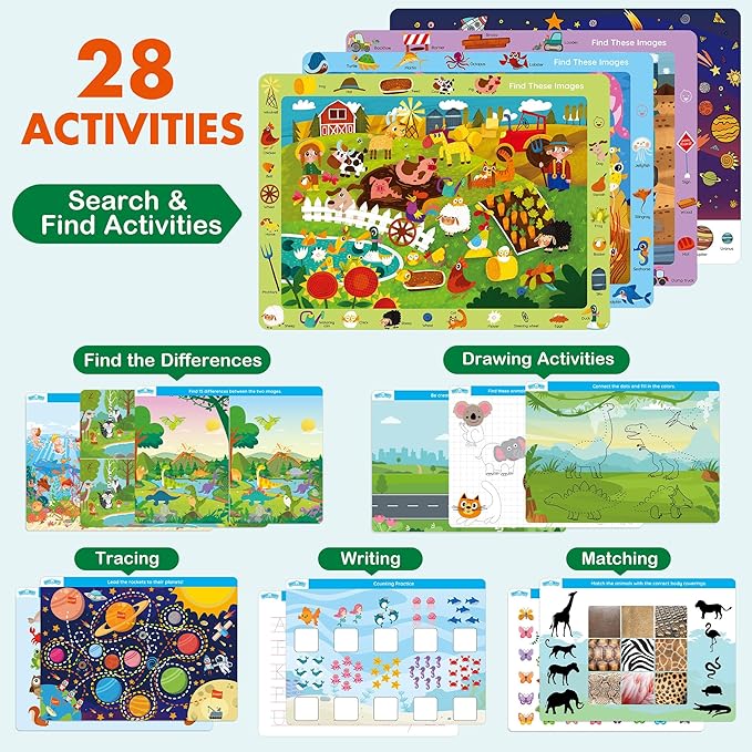 BenBen Preschool Learning Activities, 28 Pages, Search and Find Books, Travel Game for Road Trip, Kindergarten Educational Toys, Birthday Gift for Kids Toddlers Ages 3 4 5 6