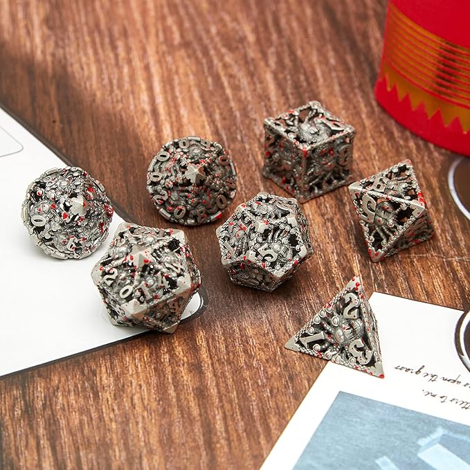 Hollow Bloodstain Multi-Eyed Monster Metal DND Game Dice 7Pcs Set for Dungeons and Dragons RPG MTG Table Games D&D Pathfinder Shadowrun and Math Teaching(with Metal case)