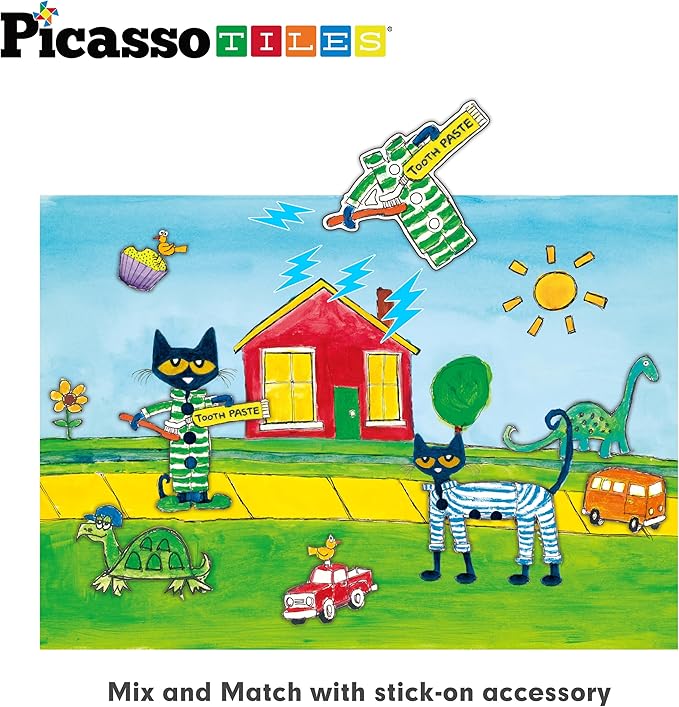 PicassoTiles Pete The Cat Board Game Puzzle Activity Play Book Magnet Mix and Match Cartoon Toy Playset with Storage Reusable Magnetic Figures Storytelling STEM Education Learning Kids Ages 3+ PTC02