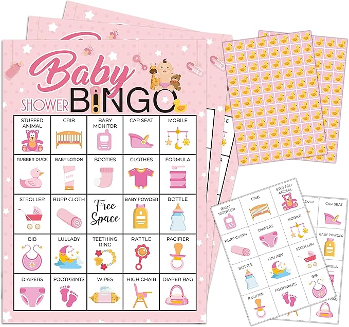 5"x7" Pink Baby Shower Bingo Cards (24 Kinds), Baby Shower Party Favors for Teenagers and Adults, Road Trip Activities, Travel Bingo, School Classroom Party Activity -005babygirl
