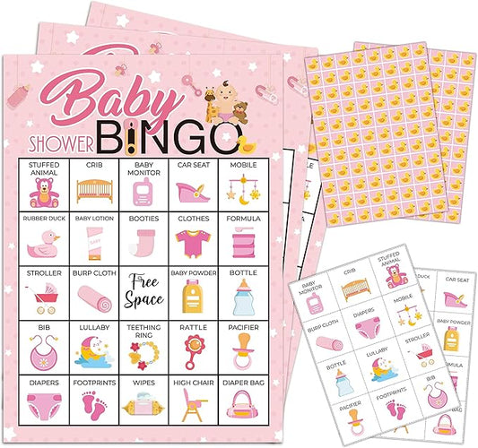 5"x7" Pink Baby Shower Bingo Cards (24 Kinds), Baby Shower Party Favors for Teenagers and Adults, Road Trip Activities, Travel Bingo, School Classroom Party Activity -005babygirl