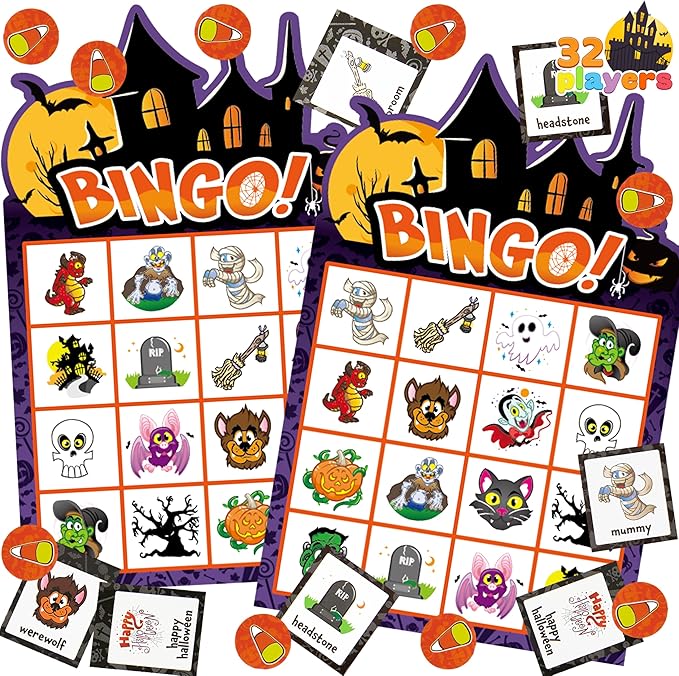 JOYIN 32 Players Halloween Bingo Game, Kids Bingo Cards Set for Large Group School Classroom Family Activities, Halloween Party Games, Halloween Party Supplies Card Game
