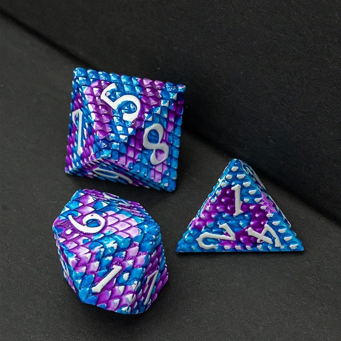 UDIXI Metal Dice Set Dragon Scale Polyhedral D&D Dice with Leather Dice Pouch for Dungeons and Dragons Role Playing Games and Other Tabletop Game (Blue with Purple)