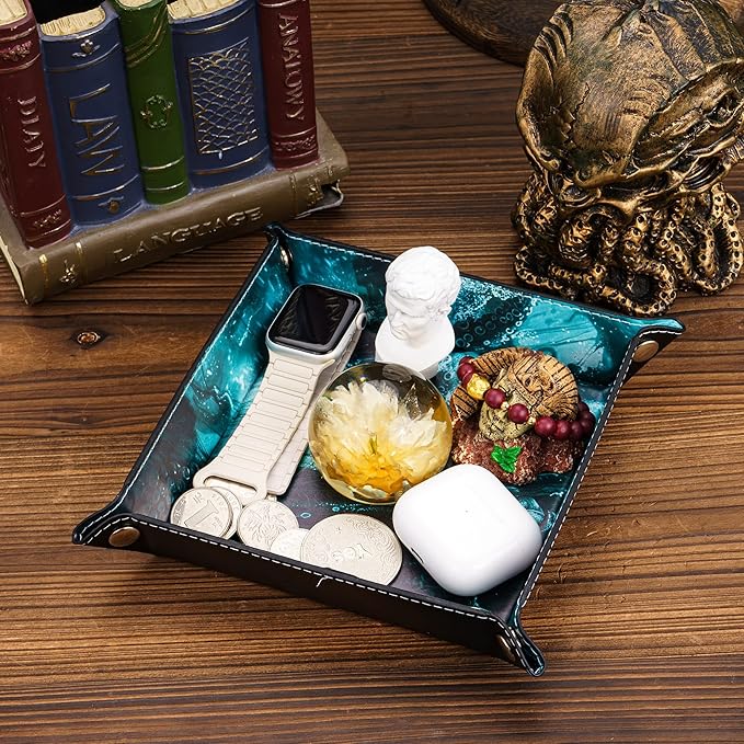 DND Dice Rolling Tray PU Leather Dice Trays Folding Square Dice Storage Case for RPG Tabletop Games, Jewelry Valet Tray for Women and Men