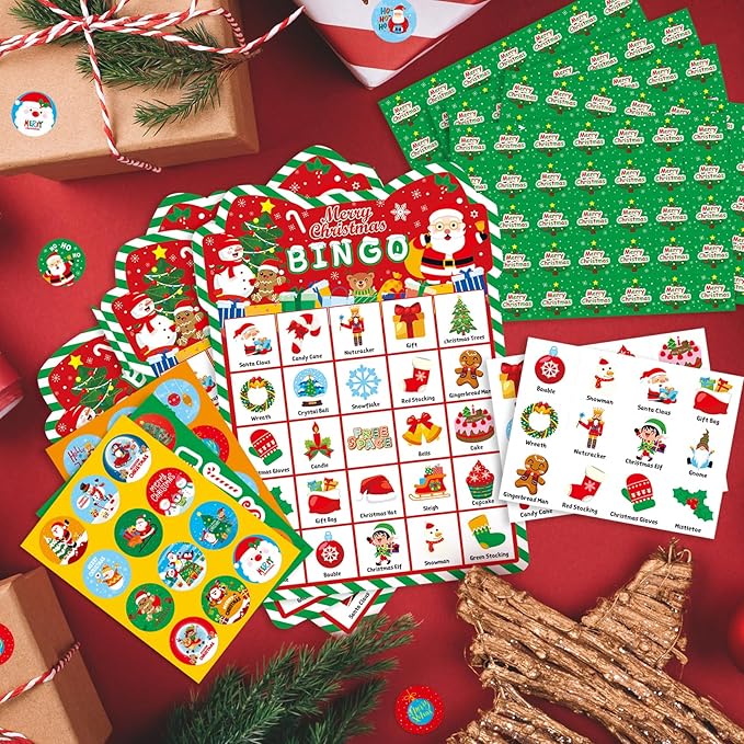 Funnlot Christmas Bingo Game for Kids, Christmas Games Christmas Crafts Christmas Activities with Reward Stickers for Kids Large Group Classroom Family Party Xmas