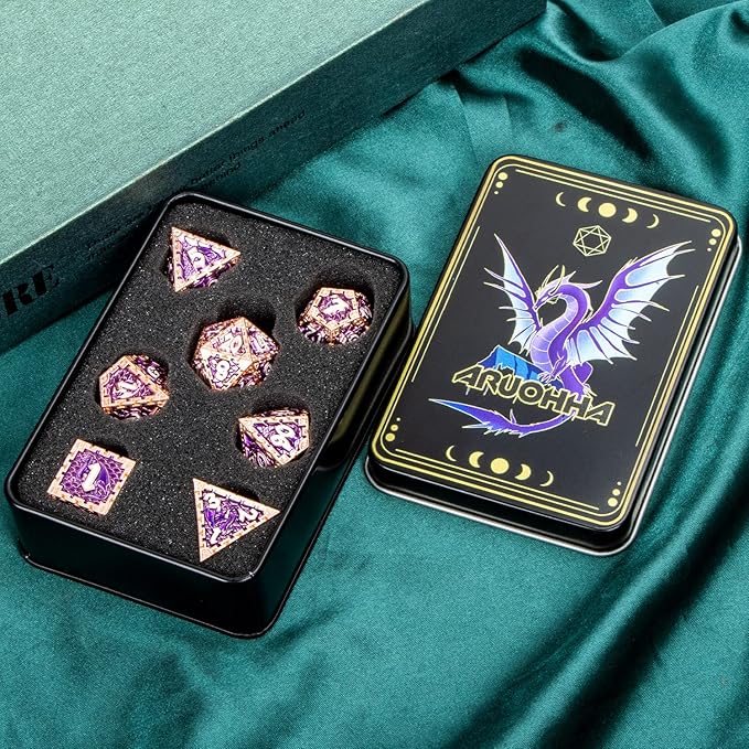 ARUOHHA DND Metal Dice Handmade Purple D and D Dice Gift Box, Dragon Design Polyhedral Role Playing Dice Set D20 D12 D10 D8 D6 D4