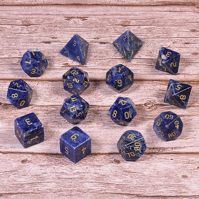 TUMBEELLUWA Engraved Crystal Stone Polyhedral Dice Set for RPG MTG Dungeons and Dragons Table Game 7 Pieces DND Board Game Dices with Pouch, Sodalite