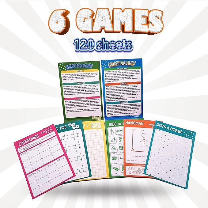 6 Portable Travel Game Activities Notepad On The Go Plane Trip Game 4 x 6-inches (2 Pads and 60 Sheets Each)