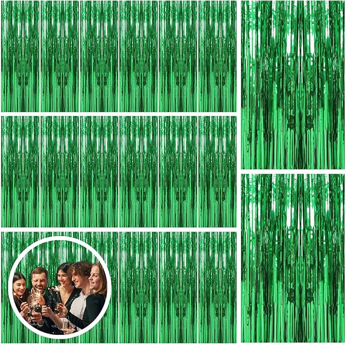 20 Pack Green Streamers Backdrop Jungle Party Decorations Foil Fringe Backdrop Curtains Photo Booth Backdrop for Birthday Dinosaur Animal St Patrick's Day Football Christmas Party Decorations