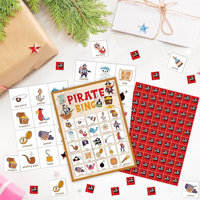 Pirate Party Bingo Card, Pirate Ship Adventures Bingo Game for Adults Family Friends, Pirate Party Favors Decorations, Pirate Games for Birthday Party, Holiday Games for 24 Players -06