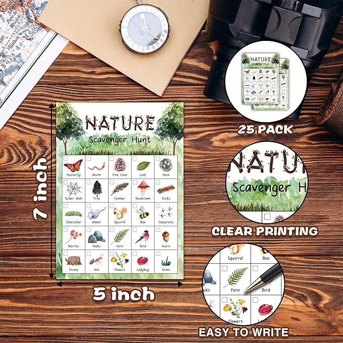 Nature Scavenger Treasure Hunt Games Cards for Friends and Family, Outdoor Scavenger Hunts, Trip Family Holiday Party Games, Find and Seek Camping Game Set -01