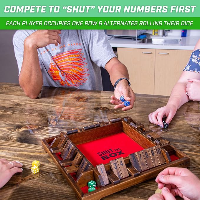 GoSports Shut the Box Premium Wooden Dice Game, Classic 4 Player Family Board Game - 10 Number Rows with Red Felt, Dice and Wood Stain Finish - For Kids and Adults