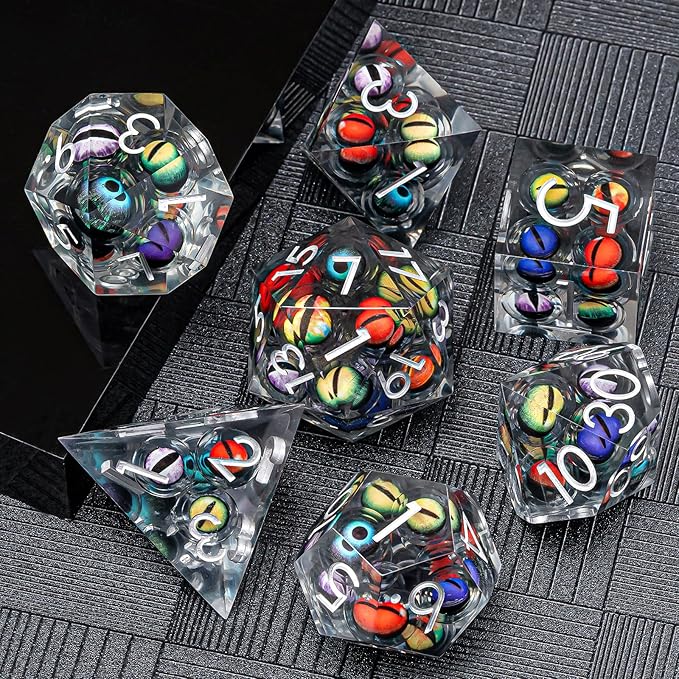 Sharp Edged Dice Set Mix Colored Eyeball Dice 22-32mm Large DND Dice with Box, Dungeons and Dragons Polyhedral D&D Role Playing Board Game D&D Dice Set D20 D12 D10 D8 D6 D4 (Colorful Eyes+Silver Ink)