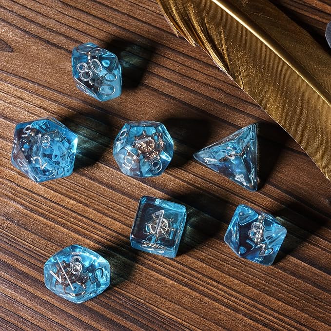 UDIXI 7PCS Polyhedral Dice Set D&D Filled with Rudder, Blue DND Dice with White Floating Silk for Dungeons and Dragons RPG and Other Tabletop Games