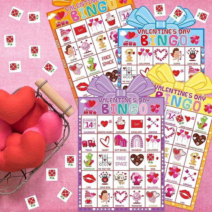 Fancy Land Valentines Day Bingo Game for Kids 24 Players Die-Cut Valentine’s Day Classroom Party Activities Game