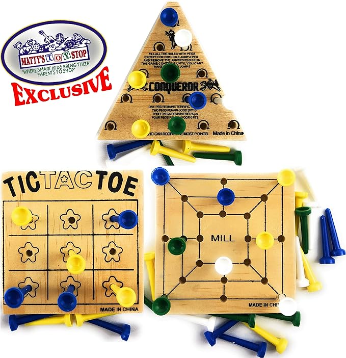 Matty's Toy Stop Deluxe Classic Peg Games Wood Puzzles (Baseball, Basketball, Bowling, Conqueror, Football, Golf, Mill & Tic Tac Toe) Gift Set Bundle with Bonus Storage Bag - 8 Pack