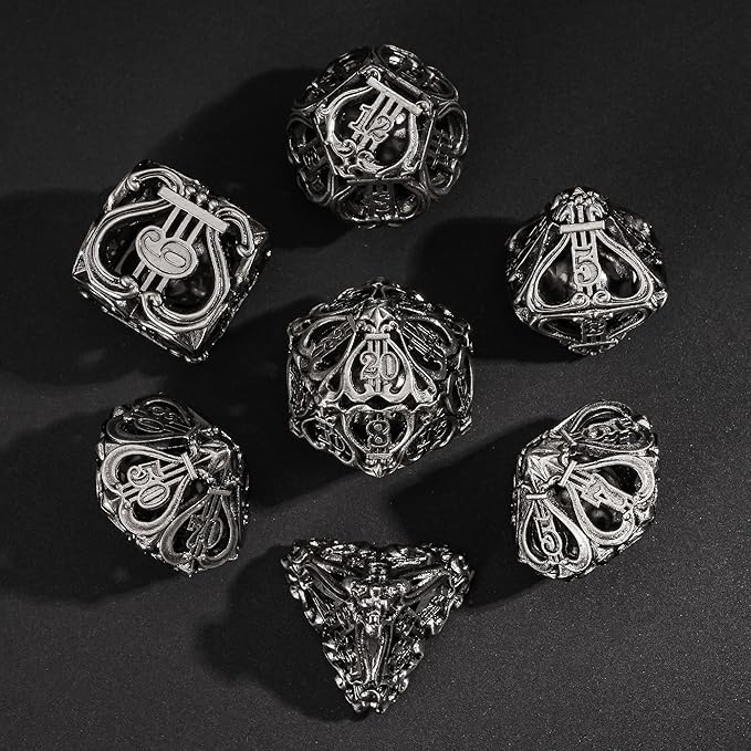Cusdie 7-Die Metal Dice Set - Hollow Design with Bells - Crisp Sounding Gaming Dice in Tin Box - Perfect for Tabletop RPGs & Board Games(Ancient Nickel)