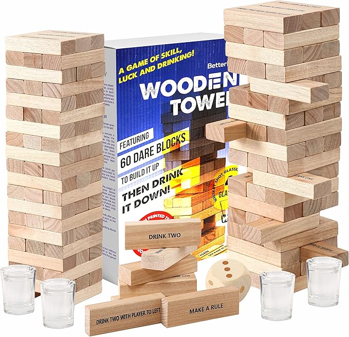 BETTERLINE Wooden Tower Stacking Blocks Drinking Game - 48 Pieces - Tumbling Tower for Adults - Friends Party Game, Bachelor Party, Bachelorette Party (60 Pieces w/Text)