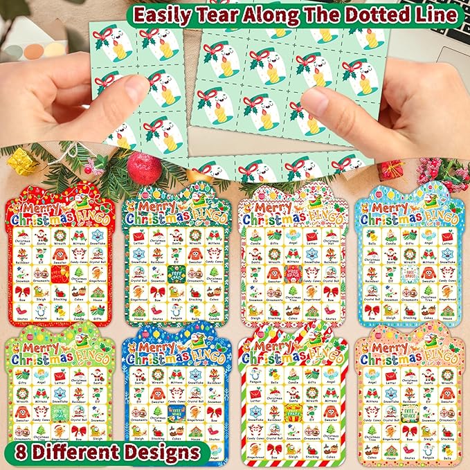 39Pcs Christmas Bingo Cards, 24 Players Cute Christmas Bingo Game for Kids Adults Party Supplies Family Games Activities Xmas Festival