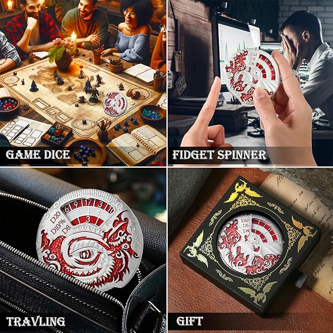 DND Spinner Metal Dice Set DNDND 7-in-1 Spinner D&D Dice Set with Luxurious Gift Box for Dungeons and Dragon and Tabletop Game (Silver with Red)