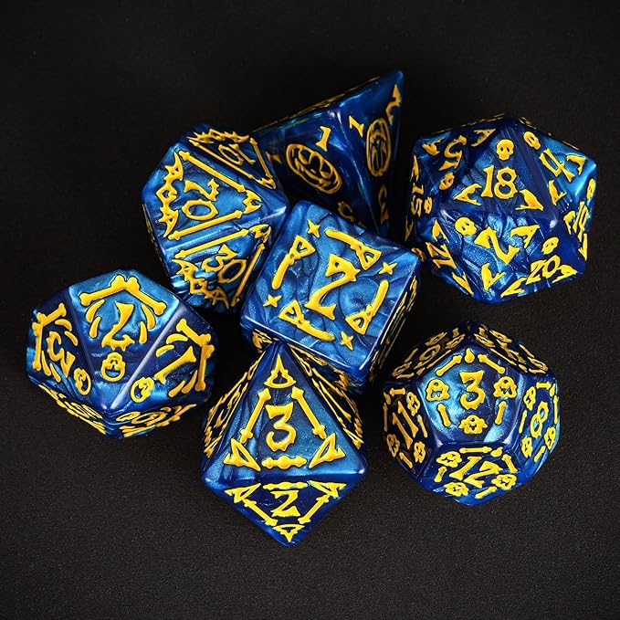 7-Die DND Dice Set Halloween Pattern Polyhedral Dice Set with Leather Bag, Skull Dice D&D Dice Set for Dungeons and Dragons RPG Table Games (Halloween Pattern-Blue)