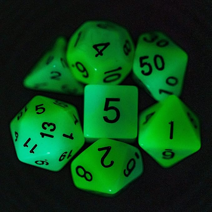 Glow in The Dark DND Dice, 7Pcs Luminous Polyhedral Dice Set with Leather Dice Bag, Glowing D&D Dice for Dungeons and Dragons, RPG, MTG Table Games(Green Blue)