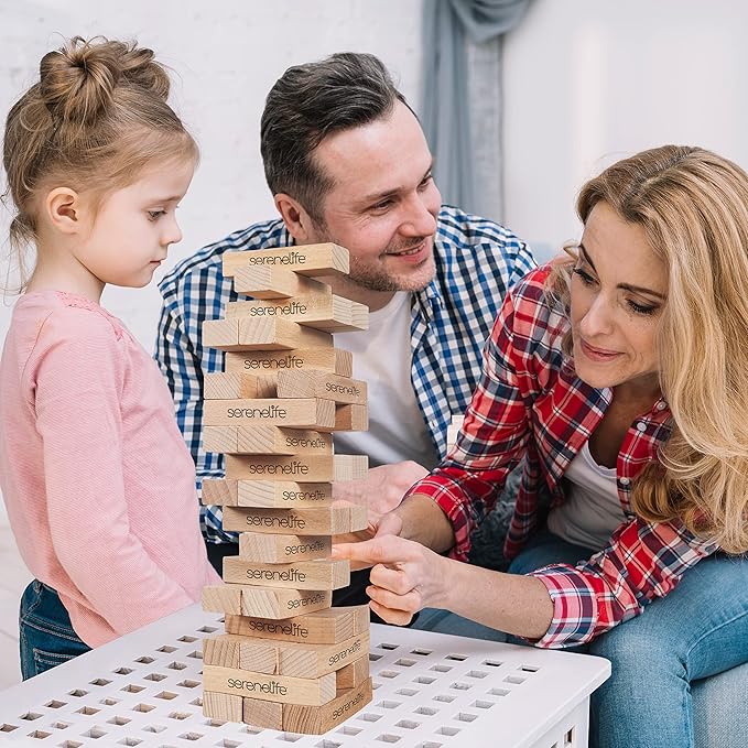SereneLife 56 PCS Giant Tumble Tower for Indoor and Outdoor Games - Non-Toxic Stackable Timber Blocks Set Fit to Kids and Adults - Zippered Carrying Bag, Book Scoreboard and Offers Hours of Enjoyment