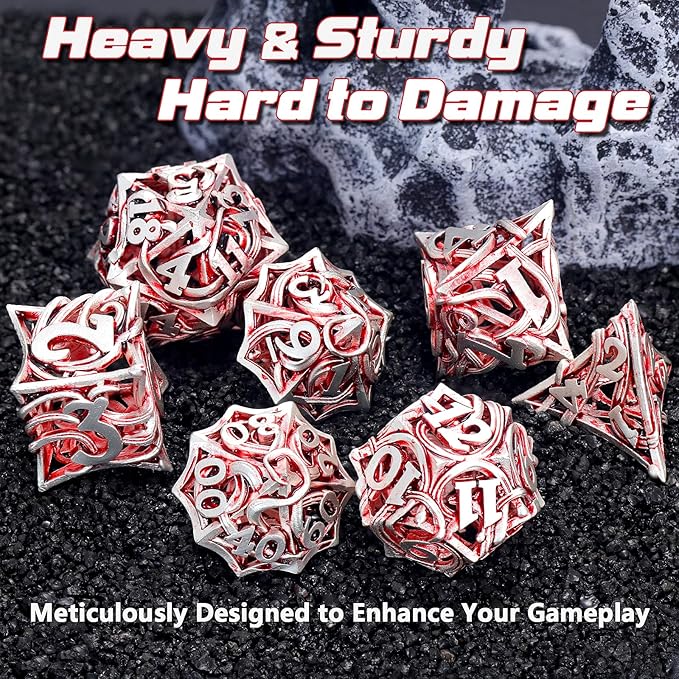 DND Dice Metal for Dungeons and Dragon 7 Polyhedral Dice Set Hollow Metal Vine D&D Dice for Role Playing Game RPG (White Red)