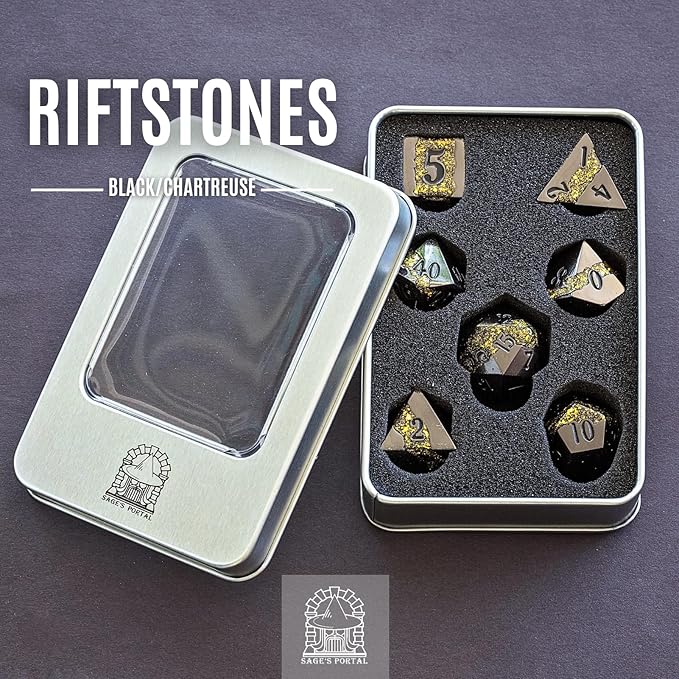 Sage's Portal Metal Riftstone DND Dice 7-PC Polyhedral Dice Set for DND TTRPG Dungeons and Dragons Pathfinder Oversized Designer Dice (Gloss Black/Chartreuse)