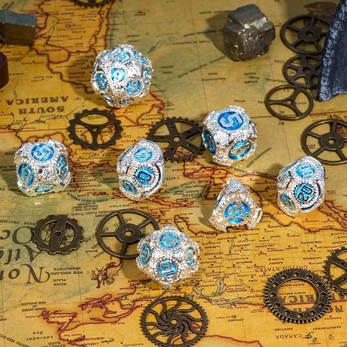 Metal Dice Set D&D, 7-Die DND Dice Metal Gear Dice with Gift Dice Bag for DND Dungeons and Dragons Role Playing Games (Silver Blue)