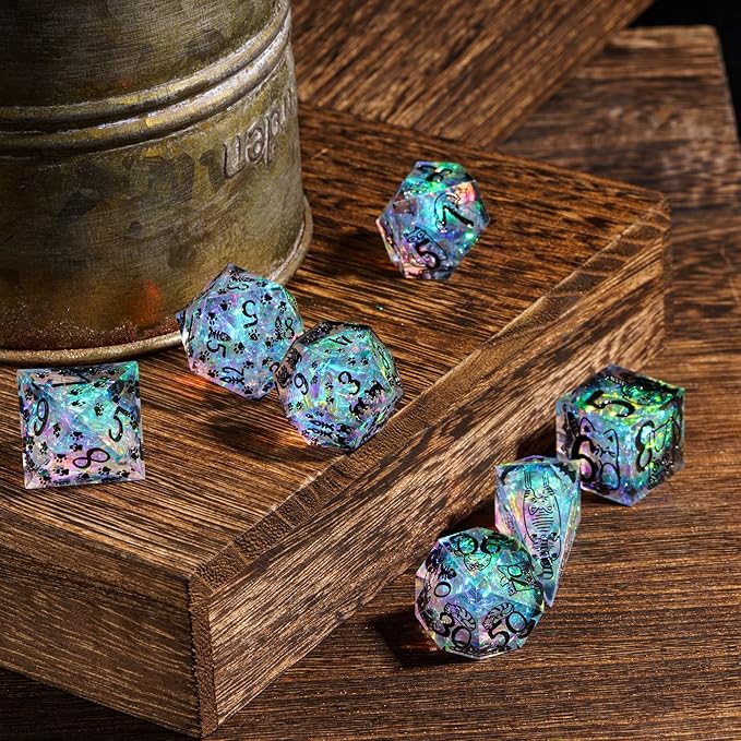 Cusdie 7-Die Sharp Edges DND Dice Set, Cat Pattern Polyhedral D&D Dice Set for DND Dungeons and Dragons TTRPG Role Playing Games