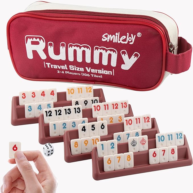 Smilejoy Mini Rummy Cube 4 Players Edition,Travel Rummy Game Set with Portable Canvas Bag,Classic Board Game for Adults and Kids |106 Tiles | 4 Playing Racks |1 Dice | (2-4 Player) ﻿