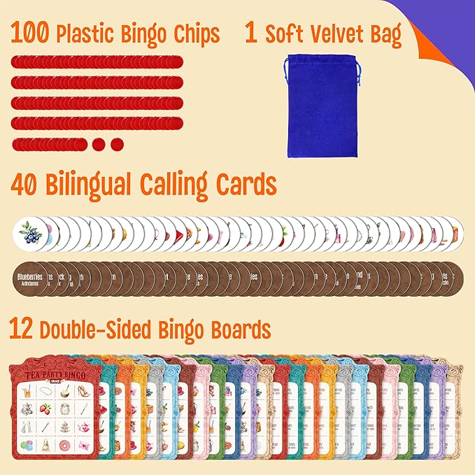 Tea Party Bingo Game, 12PCS Bilingual English and Spanish Bingo Board Game, 12 Players Bingo Game Set for Teenager, Adults, Families or Friends Activities, Fun Interesting Activity Party Supplies
