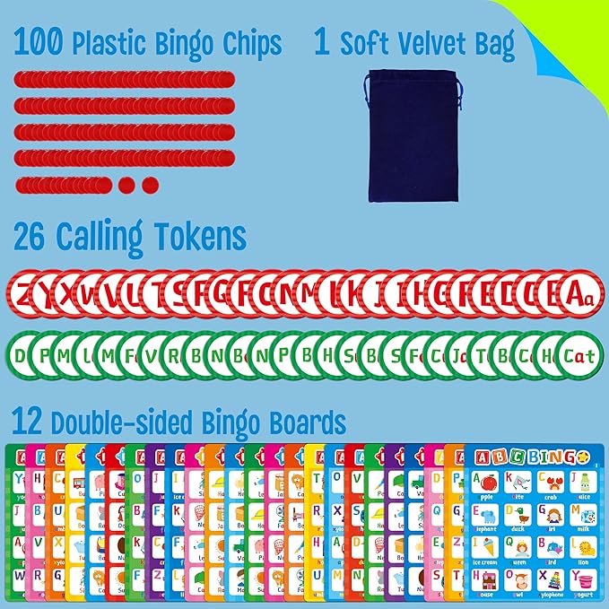 SpriteGru Alphabet & CVC Bingo Game, 12 Bingo Board ABC Letters, CVC Words Phonetic Game, Letters Phonetic Awareness Early Educational Learning Toys - Ages 4 and up, Perfect for Classroom & at Home