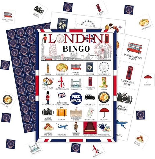 London Bingo Games, Travel Trip Bingo Cards, England Theme Party Game for Adults Family, Christmas Party Activities, 24 Bingo Sets, A003