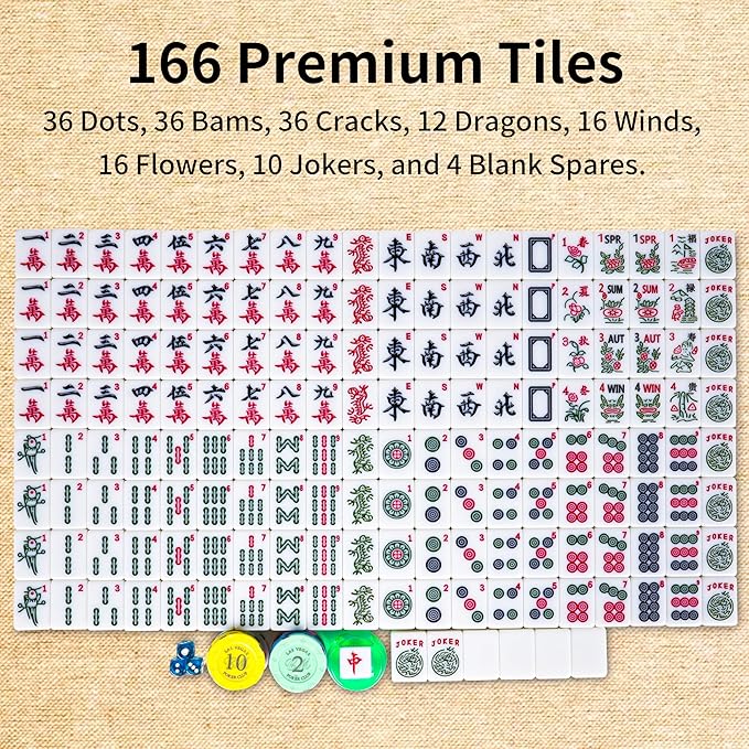 Large 1.5" American Mahjong Set with Red Leather Case,166 Quality Tiles,Jade White/Antique Ivory Luxury Game for Family Nights/Collector Gifts (Racks and Pushers not Included) (Jade White)