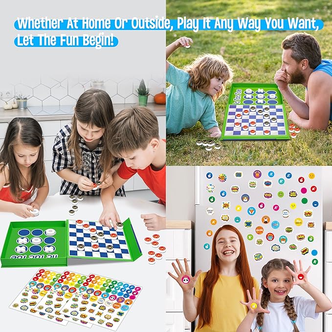 2 in 1 Checkers Set, Magnetic Game Board -Checkers & Tic-Tac-Toe, Thick Foam Checker Road Travel Game with 59 Reward Stickers for Young Kids Aged 3+