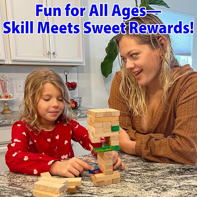 Funwares Wooden Blocks Stacking Game, Tumbling Tower and Balance Game, Family & Party Fun, Game for Kids and Adults, Ages 6+, Candy Stack - Add a Candy Twist to Stacking Games