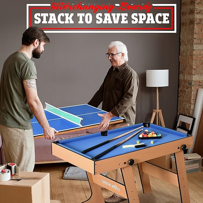 SereneLife 5in1 Folding Multi Game Table, 40" Full Size Combo Sports Arcade Game with Foosball Soccer, Ping Pong, Pool Billiards, Bowling & Shuffleboard Set, Wood Construction for Play Rec Room
