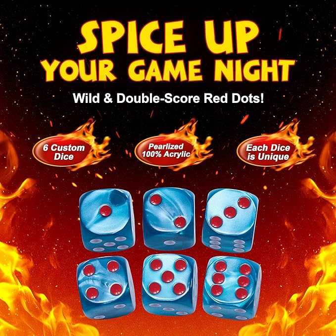 Teal - Like Card and Board Games? Like Farkle, Tenzi, LCR & Yacht? You'll Love Spicy Dice, with red dots for Wild or Double Score. Great for Travel.